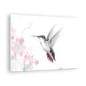 Schilderen op glas - Kleurrijke kolibrie in delicate waterverf - 70x50cm - Vastgehouden tijdens fladderen - Moderne wanddecoratie voor woonkamer en slaapkamer ARTTOR