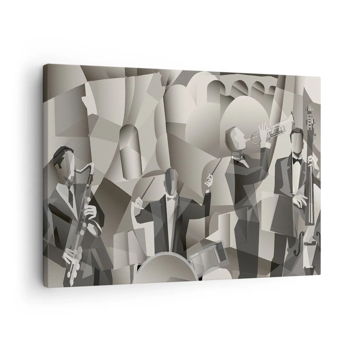 Schilderen op canvas - Abstracte scène met jazzmuzikanten in grijstinten. - 70x50cm - In de ruimte van geluiden - Moderne wanddecoratie voor woonkamer en slaapkamer ARTTOR