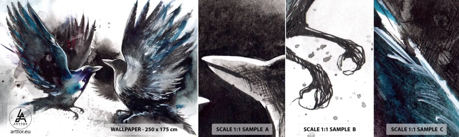 Fotobehang Monster Zelfklevend Deluxe Sticker - De ene kraai pikt de andere de ogen niet uit - Abstractie, Vogel, Dieren - 100x30 cm