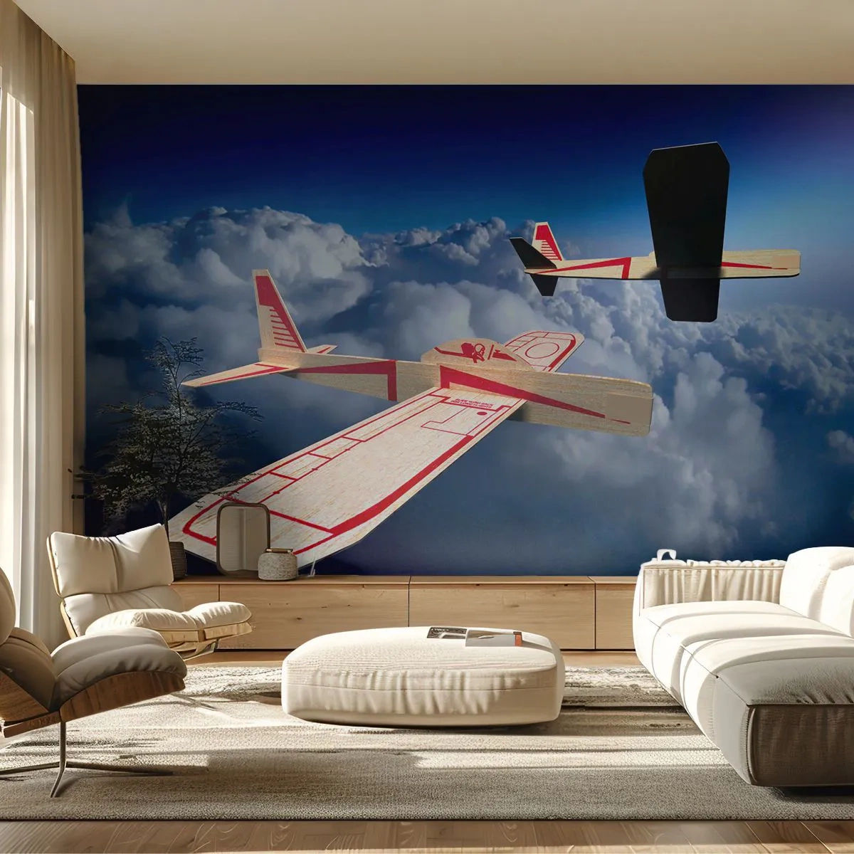 Fotobehang Standard Eco - Twee houten vliegtuigen zweven boven de wolken - 100x70cm - Nog hoger, nog verder - Moderne wanddecoratie voor woonkamer en slaapkamer ARTTOR