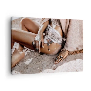 Schilderen op canvas - Boho-vrouw op het strand met sieraden - 70x50cm - Door de golven gegooid? - Moderne wanddecoratie voor woonkamer en slaapkamer ARTTOR