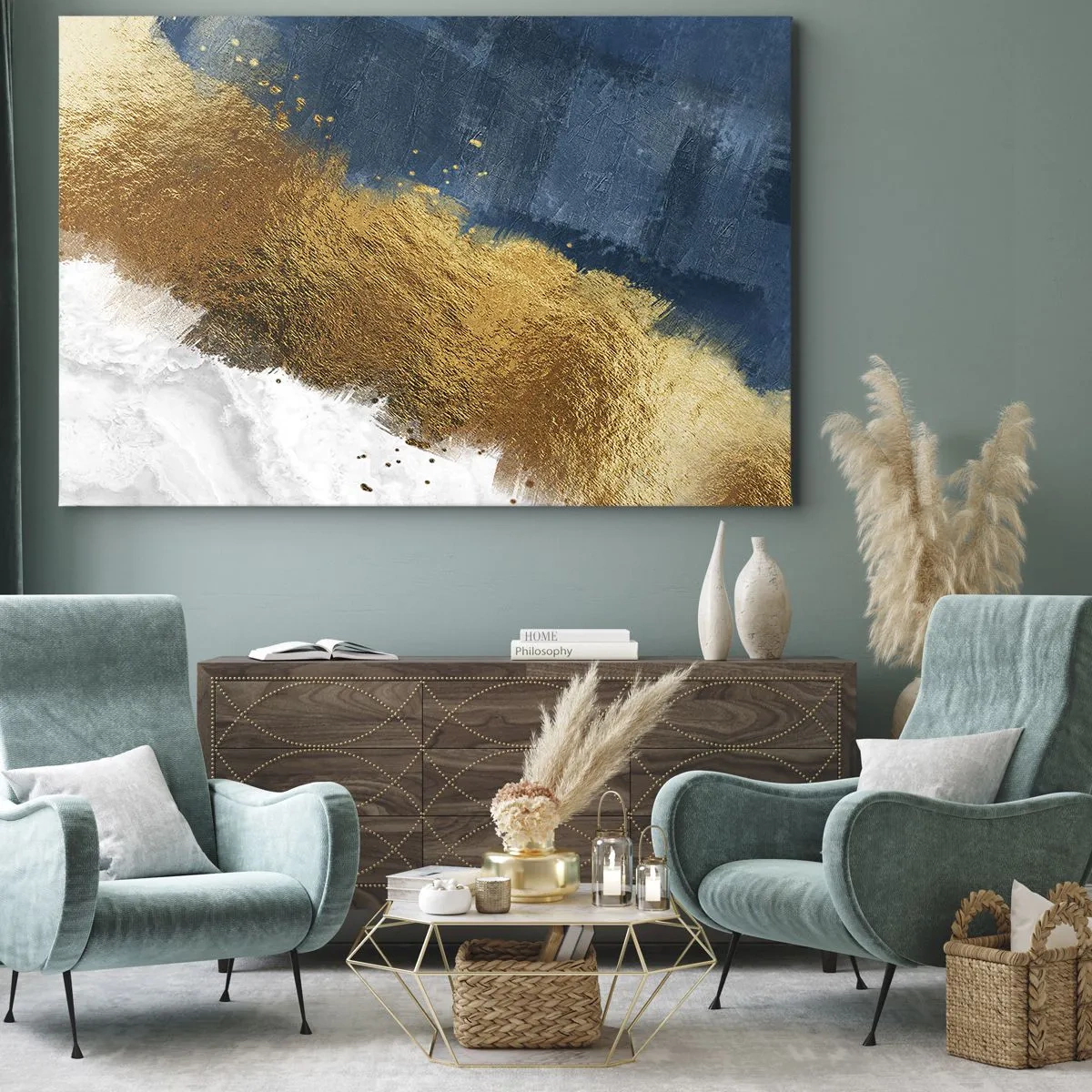 Schilderen op canvas - Een abstracte compositie in tinten goud, blauw en wit. - 70x50cm - De kleuren van de zomer - Moderne wanddecoratie voor woonkamer en slaapkamer ARTTOR