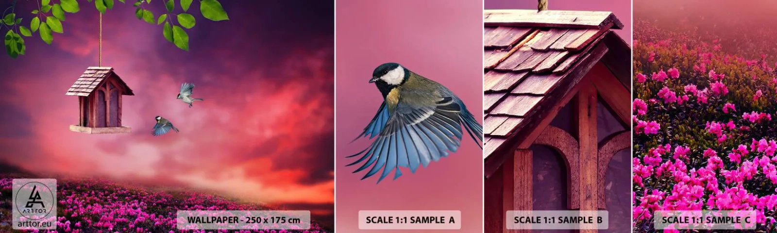 Fotobehang Monster Zelfklevend Deluxe Sticker - Uitnodiging voor het avondeten - Landschap, Bloemen, Vogelhuis - 100x30 cm