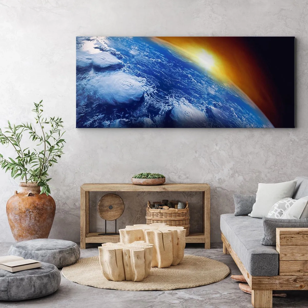 Schilderen op canvas - Zonsopgang boven de blauwe planeet - 100x40 cm