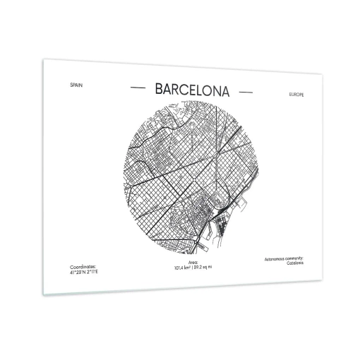 Schilderen op glas - Een minimalistische kaart van Barcelona in zwart-witstijl - 70x50cm - Anatomie van Barcelona - Moderne wanddecoratie voor woonkamer en slaapkamer ARTTOR
