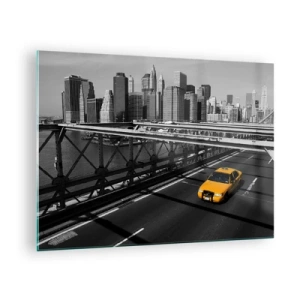 Schilderen op glas - Een gele taxi op een brug met uitzicht op Manhattan - 70x50cm - De kleur van een grote stad - Moderne wanddecoratie voor woonkamer en slaapkamer ARTTOR