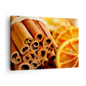 Schilderen op canvas - Kaneelstokjes met gedroogde sinaasappelschijfjes in warme kleuren - 70x50cm - Kun je hun geur ruiken? - Moderne wanddecoratie voor woonkamer en slaapkamer ARTTOR