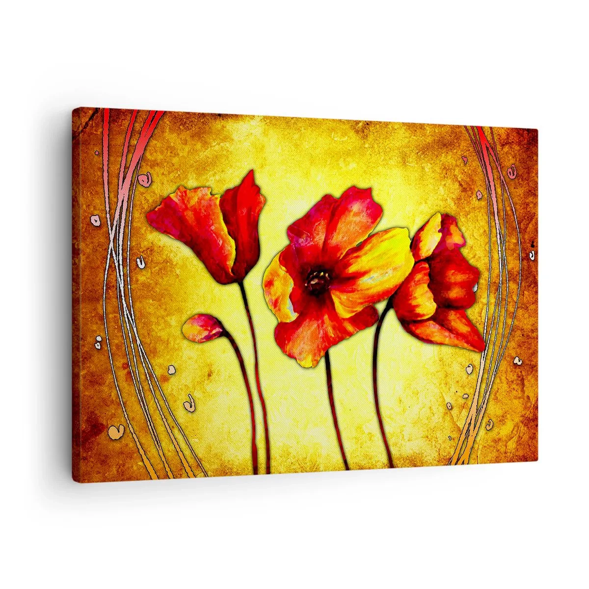 Schilderen op canvas - Rode en gele bloemen op een gouden achtergrond met decoratieve patronen - 70x50cm - In Art Nouveau-decoraties - Moderne wanddecoratie voor woonkamer en slaapkamer ARTTOR
