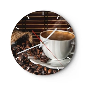 Wandklok - Klok - Een kopje koffie en verspreide bonen op een bamboe-achtergrond - 30x30cm - De zwartheid van steenkool, de helderheid van barnsteen - Moderne wanddecoratie voor woonkamer, keuken en slaapkamer ARTTOR