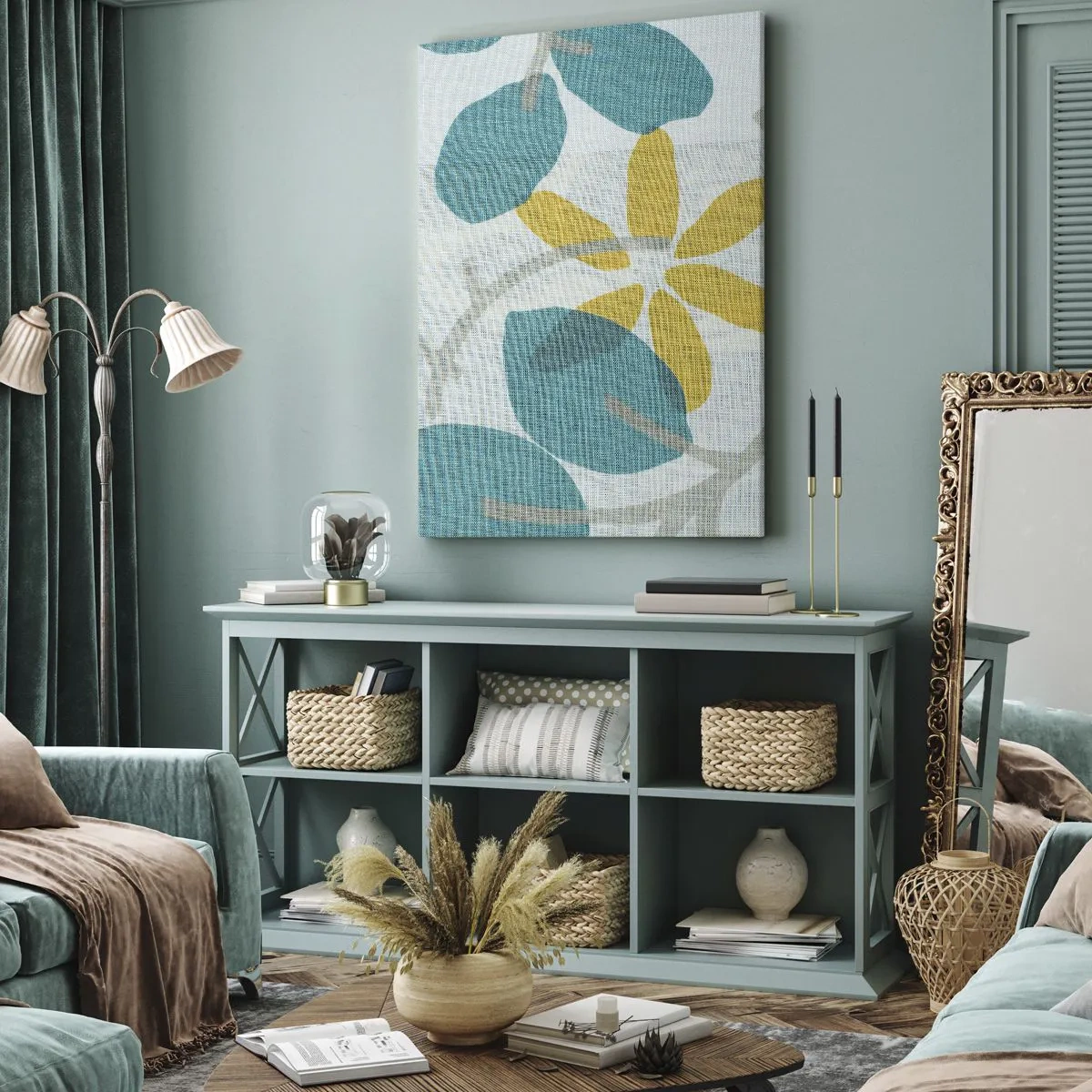 Schilderen op canvas - Tussen de azuurblauwe bladeren - 55x100 cm