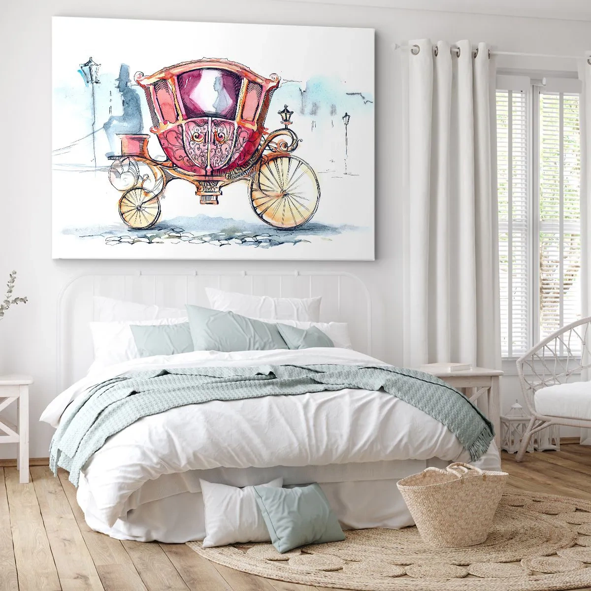 Schilderen op canvas - Een stijlvolle illustratie van een antieke koets in pastelkleuren. - 70x50cm - Naar de bruiloft of naar het bal? - Moderne wanddecoratie voor woonkamer en slaapkamer ARTTOR