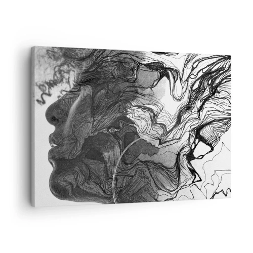 Schilderen op canvas - Abstract gezicht in zwart-wit met dynamische lijnen. - 70x50cm - Verstrikt in dromen - Moderne wanddecoratie voor woonkamer en slaapkamer ARTTOR