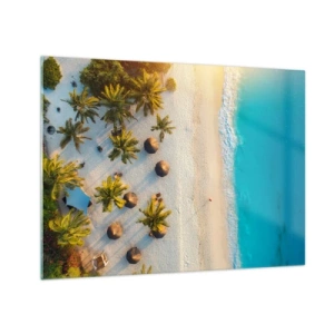 Schilderen op glas - Luchtfoto van een tropisch strand met palmbomen en parasols - 70x50cm - Welkom in het paradijs - Moderne wanddecoratie voor woonkamer en slaapkamer ARTTOR