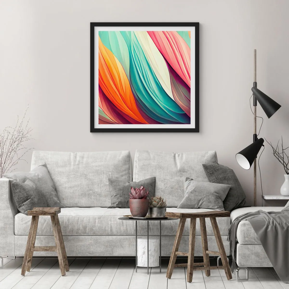 Poster in een zwarte lijst - Regenboog geweven - 30x30 cm