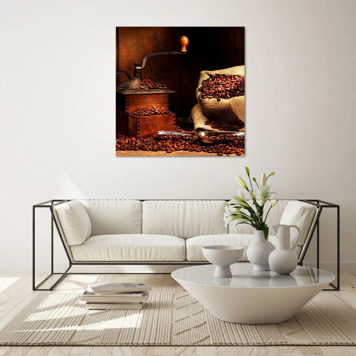 Schilderen op glas - Stilleven met koffiebonen en een molen - 40x40 cm