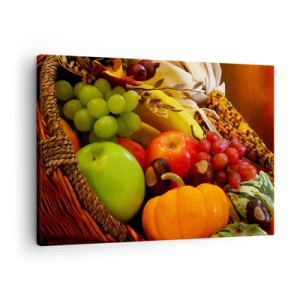 Schilderen op canvas - Een mand met fruit, pompoenen en maïs tegen een achtergrond van herfstkleuren. - 70x50cm - Oogstmand - Moderne wanddecoratie voor woonkamer en slaapkamer ARTTOR