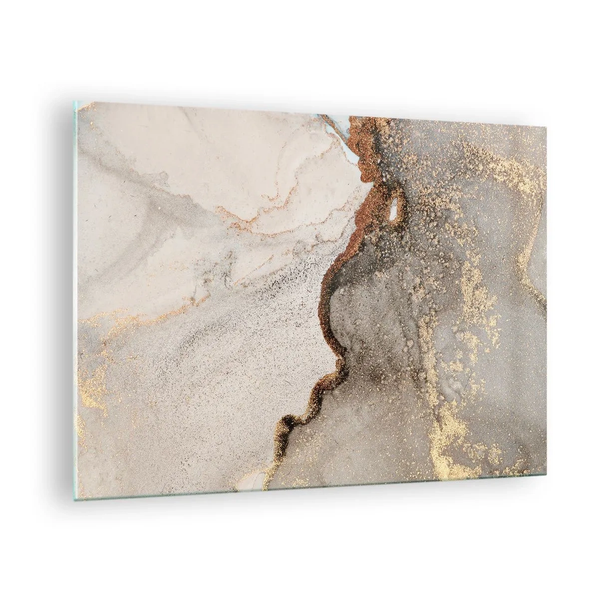 Schilderen op glas - Abstracte compositie met beige, goud en grafiet - 70x50cm - Op de grens van kleuren - Moderne wanddecoratie voor woonkamer en slaapkamer ARTTOR