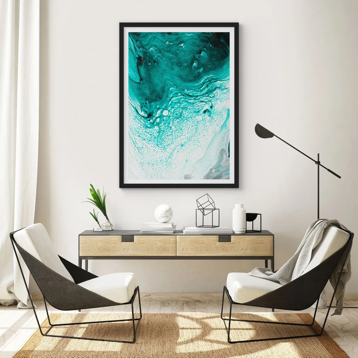 Poster in een zwarte lijst - Versmelten in wit en turkoois - 40x50 cm