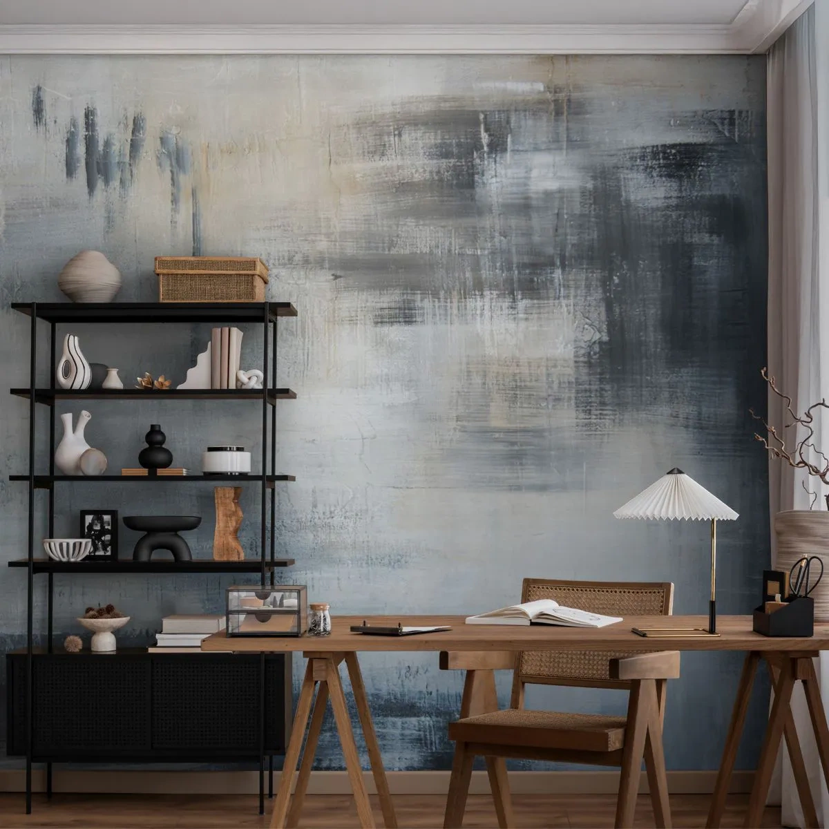 Fotobehang Premium Sand - Achter het blauwe gordijn - Deel, Abstractie, Industrieel - 250x175 cm