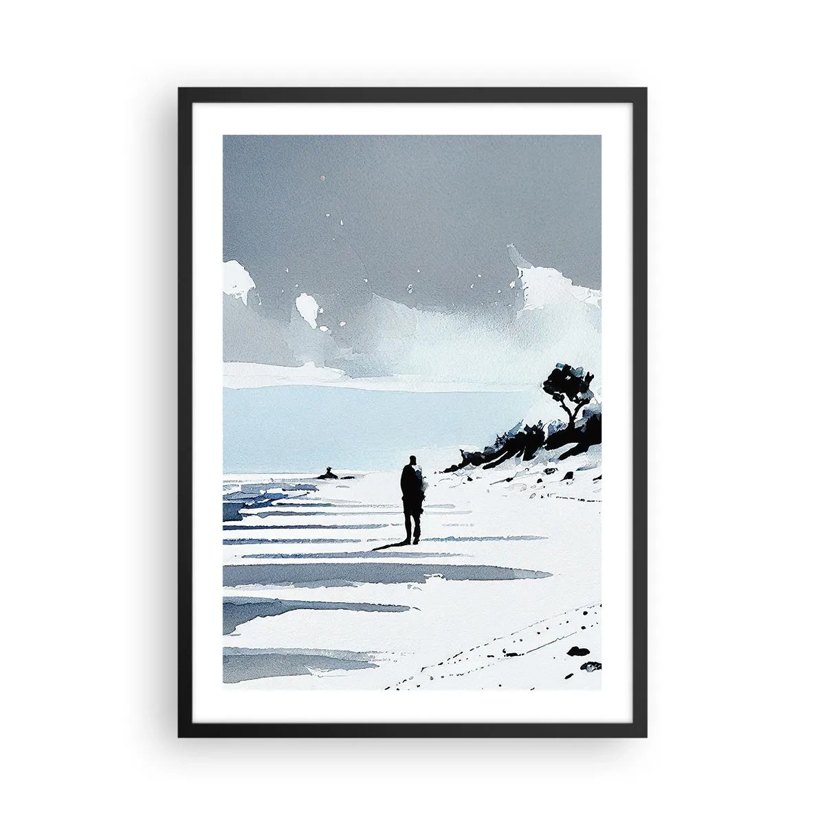 Poster in een zwarte lijst - Een eenzame figuur op het strand in aquareltinten - 50x70cm - Alleen - Moderne wanddecoratie voor woonkamer en slaapkamer ARTTOR