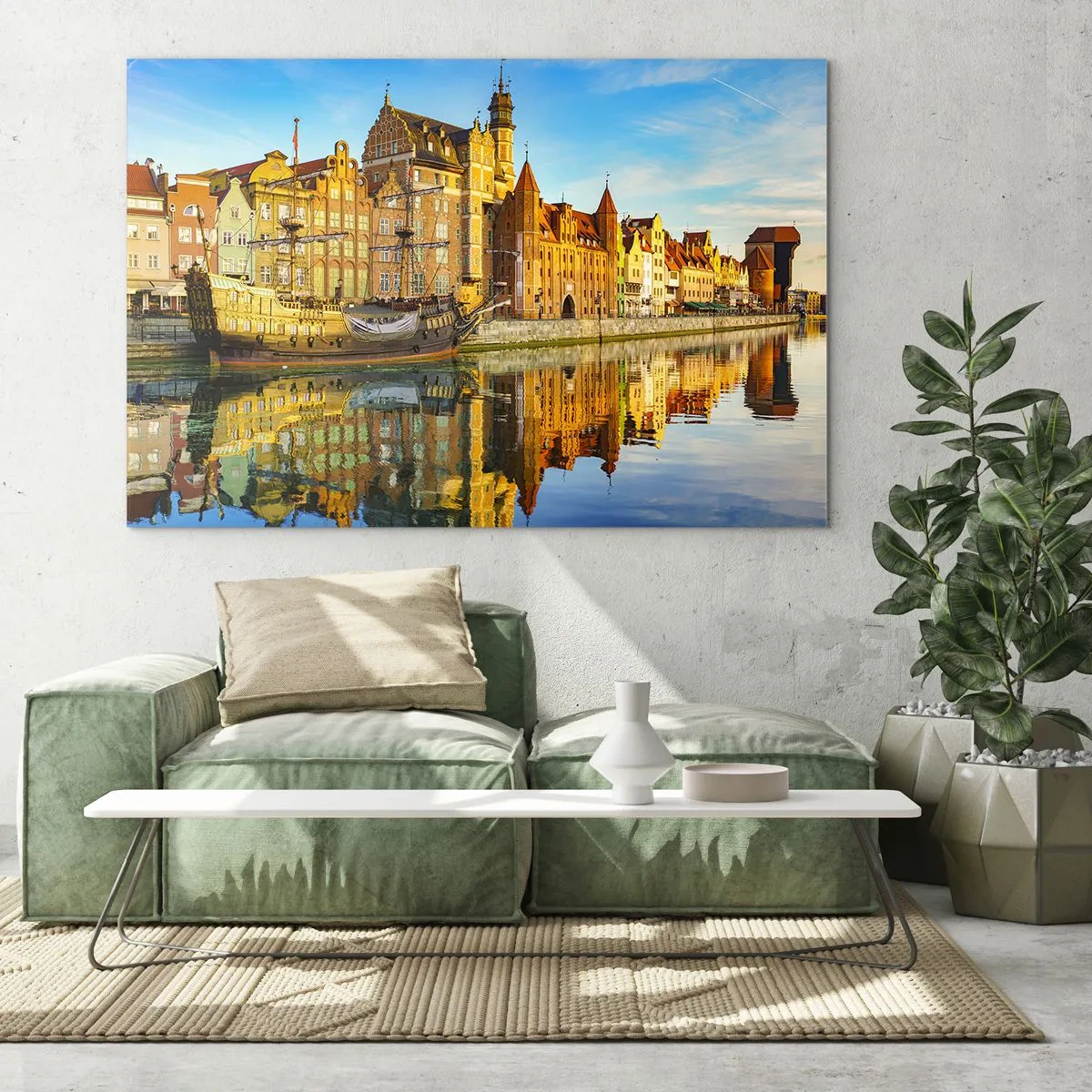 Schilderen op glas - De oude binnenstad van Gdansk met een weerspiegeling in het water - 70x50cm - Een spiegelbeeld van het verleden - Moderne wanddecoratie voor woonkamer en slaapkamer ARTTOR