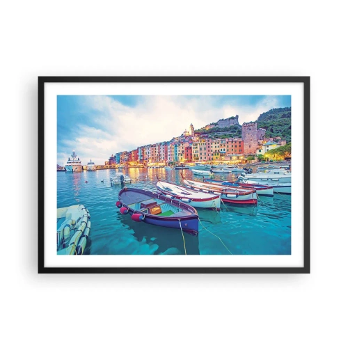 Poster in een zwarte lijst - Kleurrijke avond in de haven - 70x50 cm