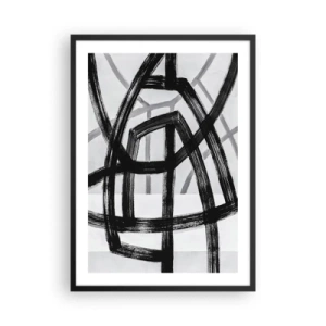 Poster in een zwarte lijst - Geometrische zwarte lijnen op een lichte achtergrond in een abstracte compositie - 50x70cm - Diepte opbouwen - Moderne wanddecoratie voor woonkamer en slaapkamer ARTTOR