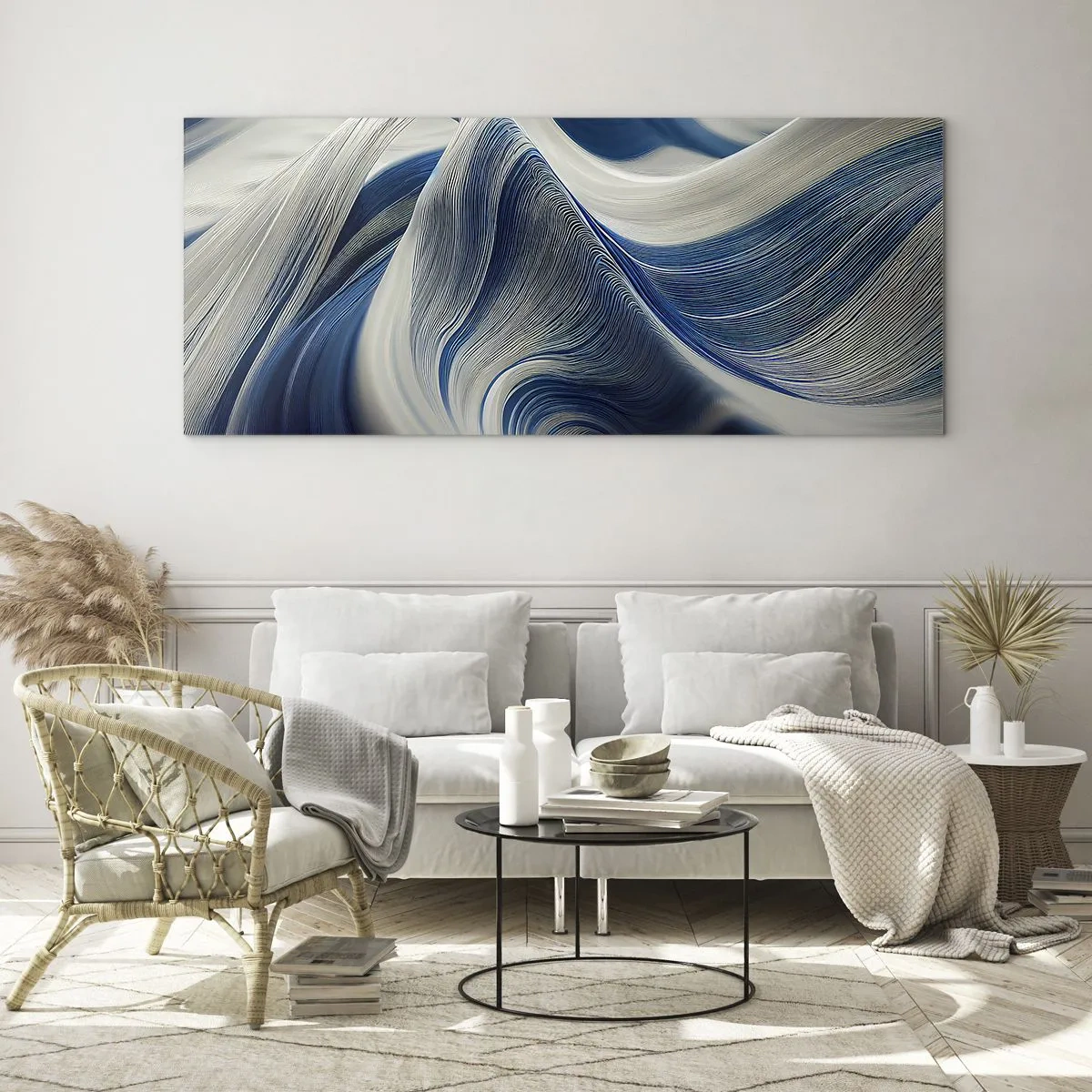 Schilderen op glas - De vloeibaarheid van blauw en wit - 100x40 cm
