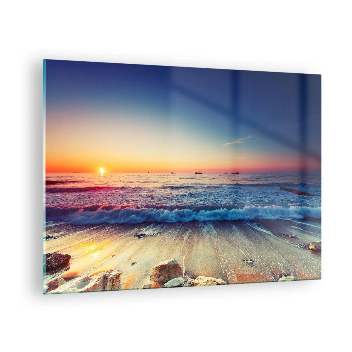 Schilderen op glas - Zonsondergang over het strand met zachte golven en een kalme zee - 70x50cm - Hoe zit het met de horizon? - Moderne wanddecoratie voor woonkamer en slaapkamer ARTTOR
