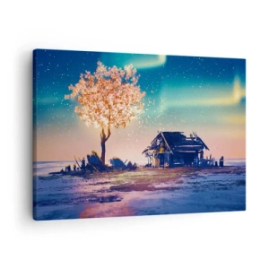 Schilderen op canvas - Een huis en een bloeiende boom onder de nachtelijke hemel - 70x50cm - De natuur vergaat niet - Moderne wanddecoratie voor woonkamer en slaapkamer ARTTOR