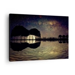 Schilderen op canvas - Een magische nacht met bomen en de maan weerspiegeld op het water - 70x50cm - Nacht aan het einde van de wereld - Moderne wanddecoratie voor woonkamer en slaapkamer ARTTOR