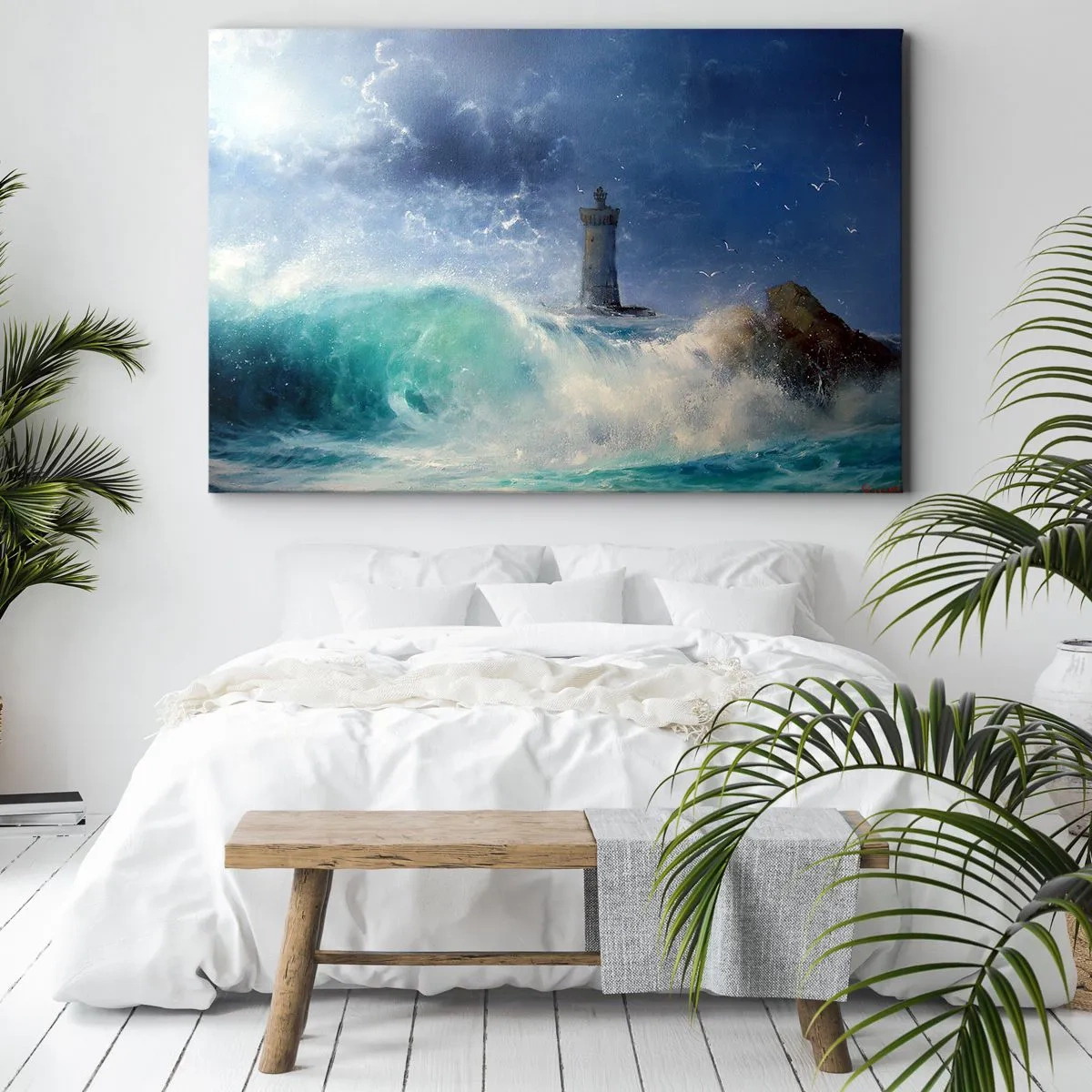 Schilderen op canvas - Een vuurtoren omgeven door ruwe golven en wolken - 70x50cm - Op uw hoede voor de elementen - Moderne wanddecoratie voor woonkamer en slaapkamer ARTTOR