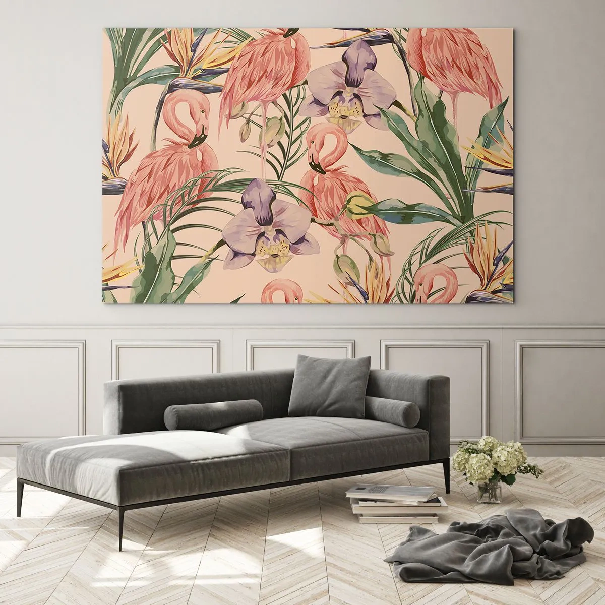 Schilderen op glas - Flamingo's omringd door tropische bloemen en planten - 70x50cm - Roze ballet in bloemen - Moderne wanddecoratie voor woonkamer en slaapkamer ARTTOR