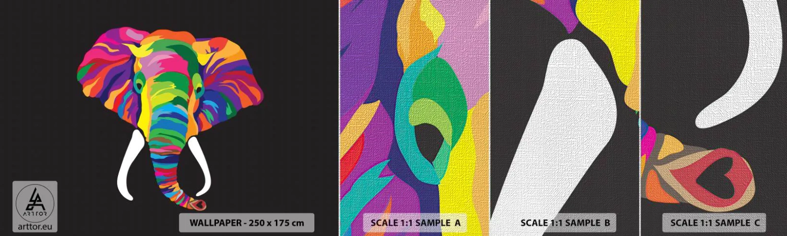 Fotobehang Monster Premium Canvas - De olifant die ervan hield om in de regenboog te baden - Dieren, Olifant, Kleurrijk beeld - 100x30 cm