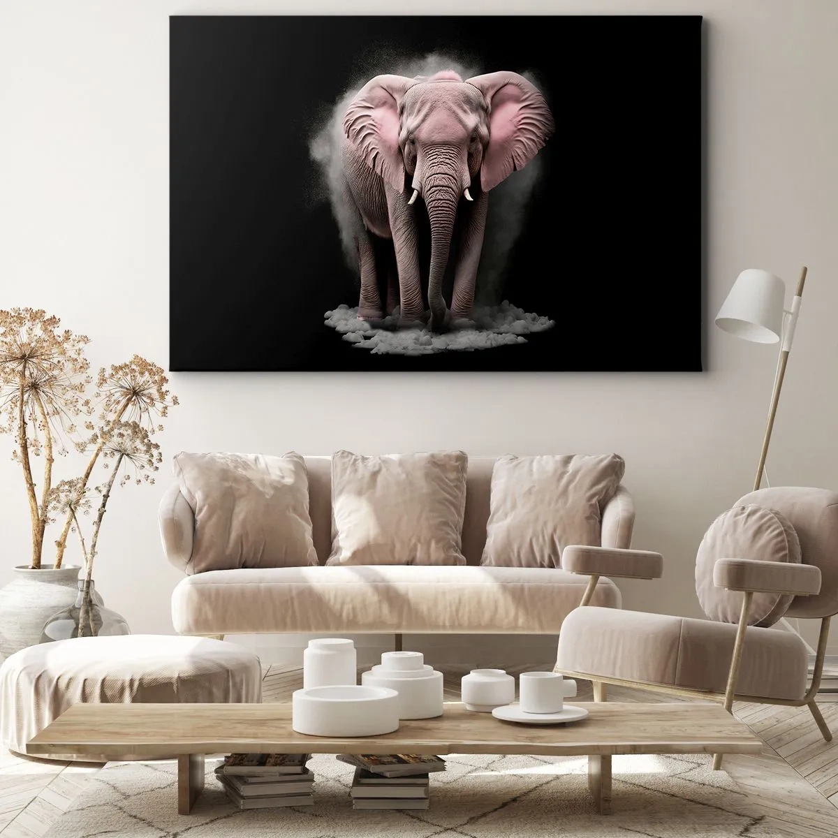 Schilderen op canvas - Een artistieke interpretatie van een roze olifant op een zwarte achtergrond - 70x50cm - Denk niet aan een roze olifant! - Moderne wanddecoratie voor woonkamer en slaapkamer ARTTOR