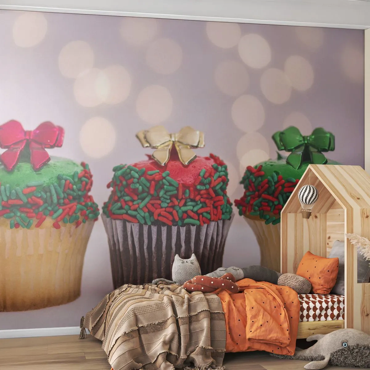 Fotobehang Premium Canvas - Snoepjes tot de strik - Gastronomie, Koekjes, Kleurrijke muffins - 250x175 cm