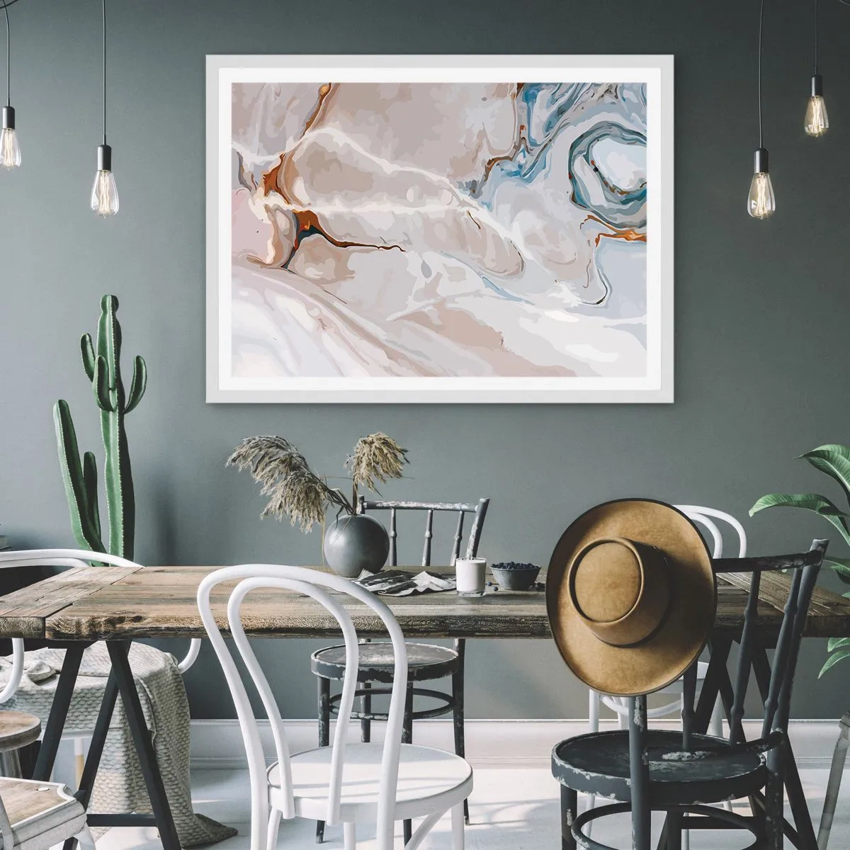 Poster in een witte lijst - Blauw kronkelt onder het wit - 100x70 cm