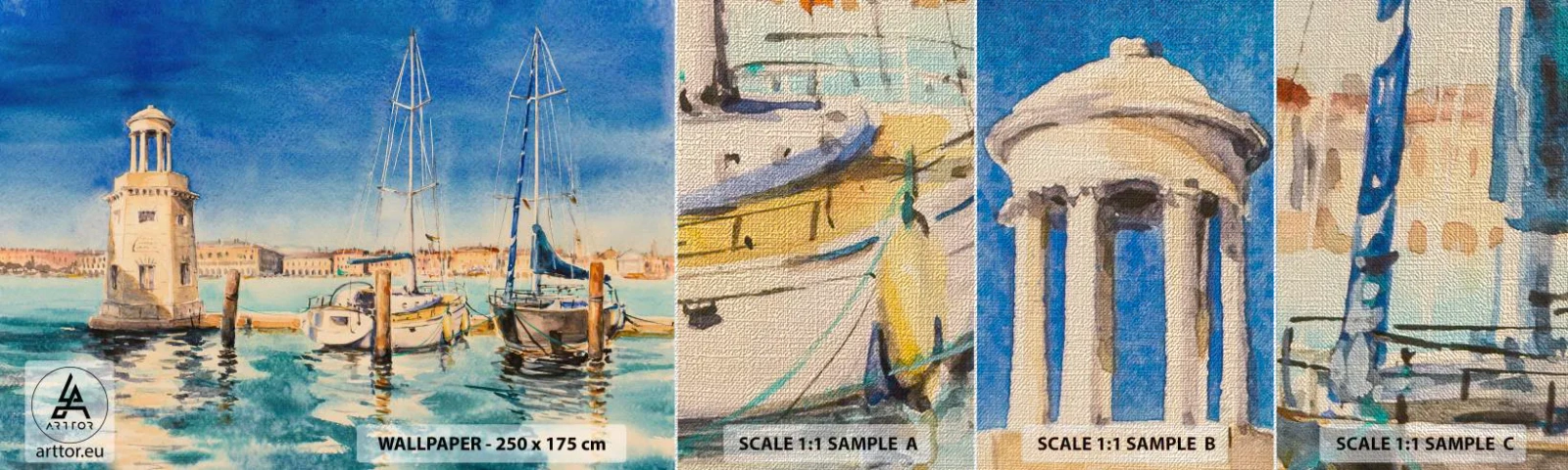 Fotobehang Monster Premium Canvas - Zonnige lagune - Haven, Landschap, Vuurtoren - 100x30 cm