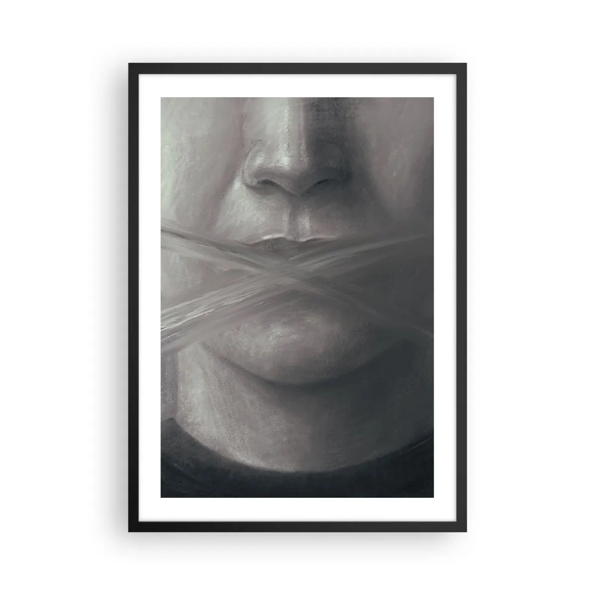 Poster in een zwarte lijst - Een symbolisch gezicht met een bedekte mond in monochrome kleuren. - 50x70cm - Zonder een woord - Moderne wanddecoratie voor woonkamer en slaapkamer ARTTOR