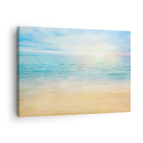 Schilderen op canvas - Een strand met turquoise zee en heldere lucht - 70x50cm - Groot blauw - Moderne wanddecoratie voor woonkamer en slaapkamer ARTTOR