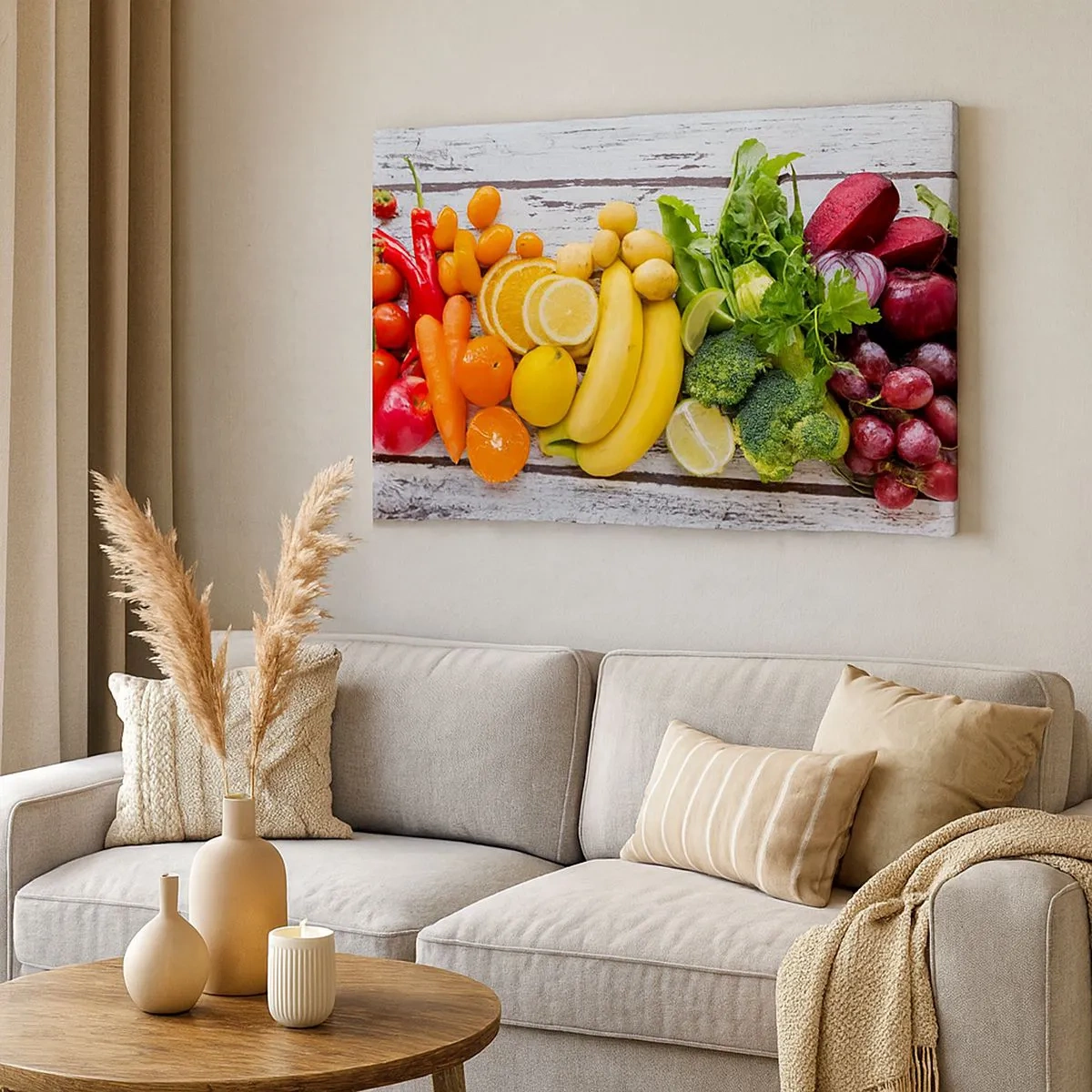 Schilderen op canvas - Kleurrijke groenten en fruit op een houten achtergrond - 70x50cm - Het is niet genoeg? - Moderne wanddecoratie voor woonkamer en slaapkamer ARTTOR