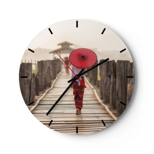 Wandklok - Klok - Een vrouw met een rode paraplu op een houten brug - 30x30cm - Op de oude brug - Moderne wanddecoratie voor woonkamer, keuken en slaapkamer ARTTOR