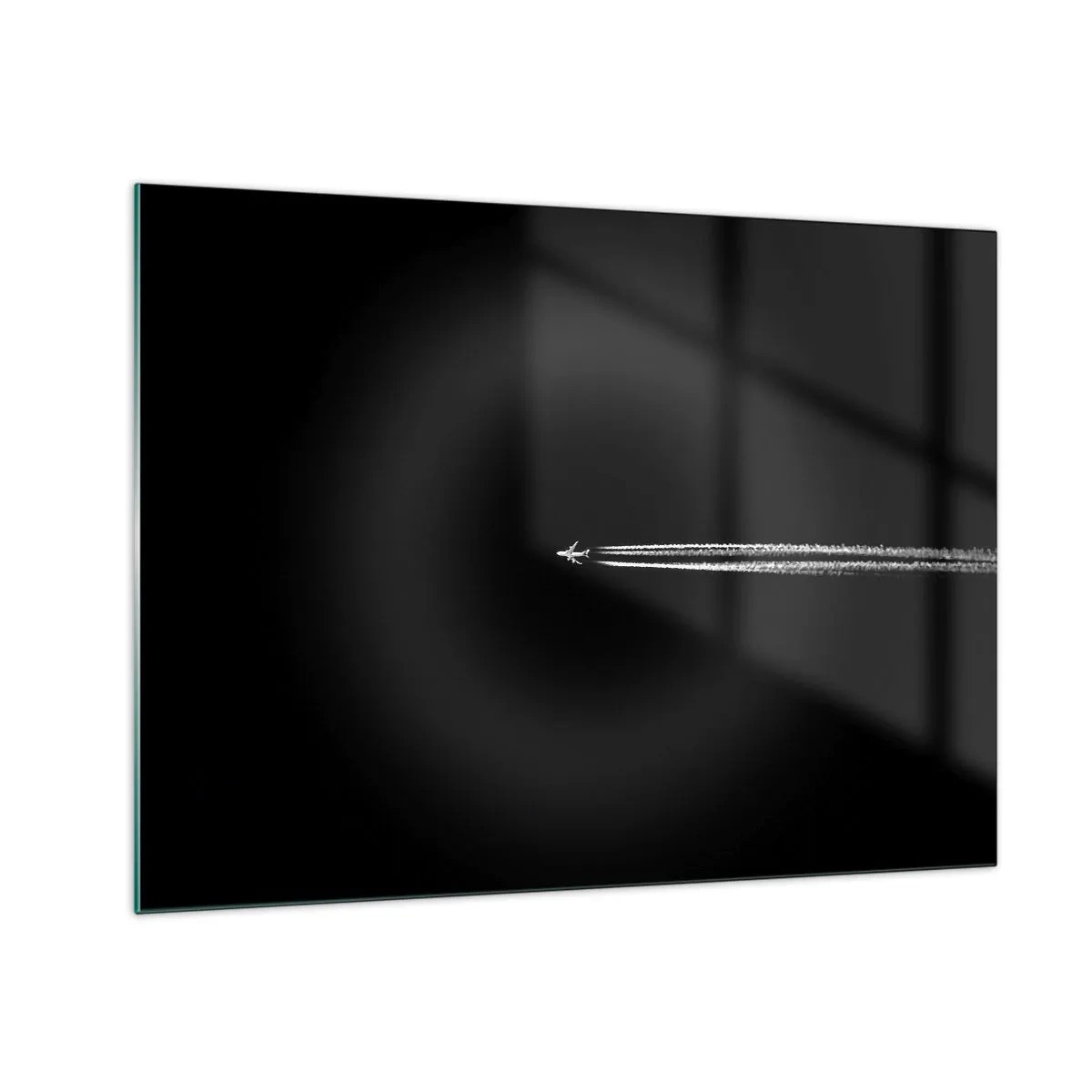Schilderen op glas - Een straalvliegtuig op een zwarte achtergrond met een condensatiestreep - 70x50cm - Naar een andere dimensie - Moderne wanddecoratie voor woonkamer en slaapkamer ARTTOR