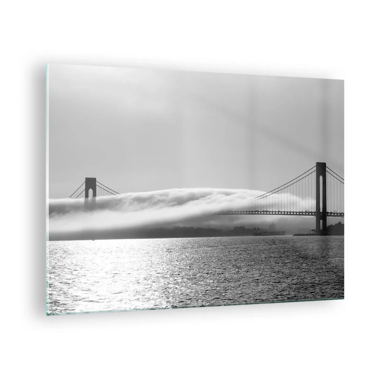 Schilderen op glas - Een brug in zwart-wit met mist over het water - 70x50cm - Vaar door de Golden Gates - Moderne wanddecoratie voor woonkamer en slaapkamer ARTTOR