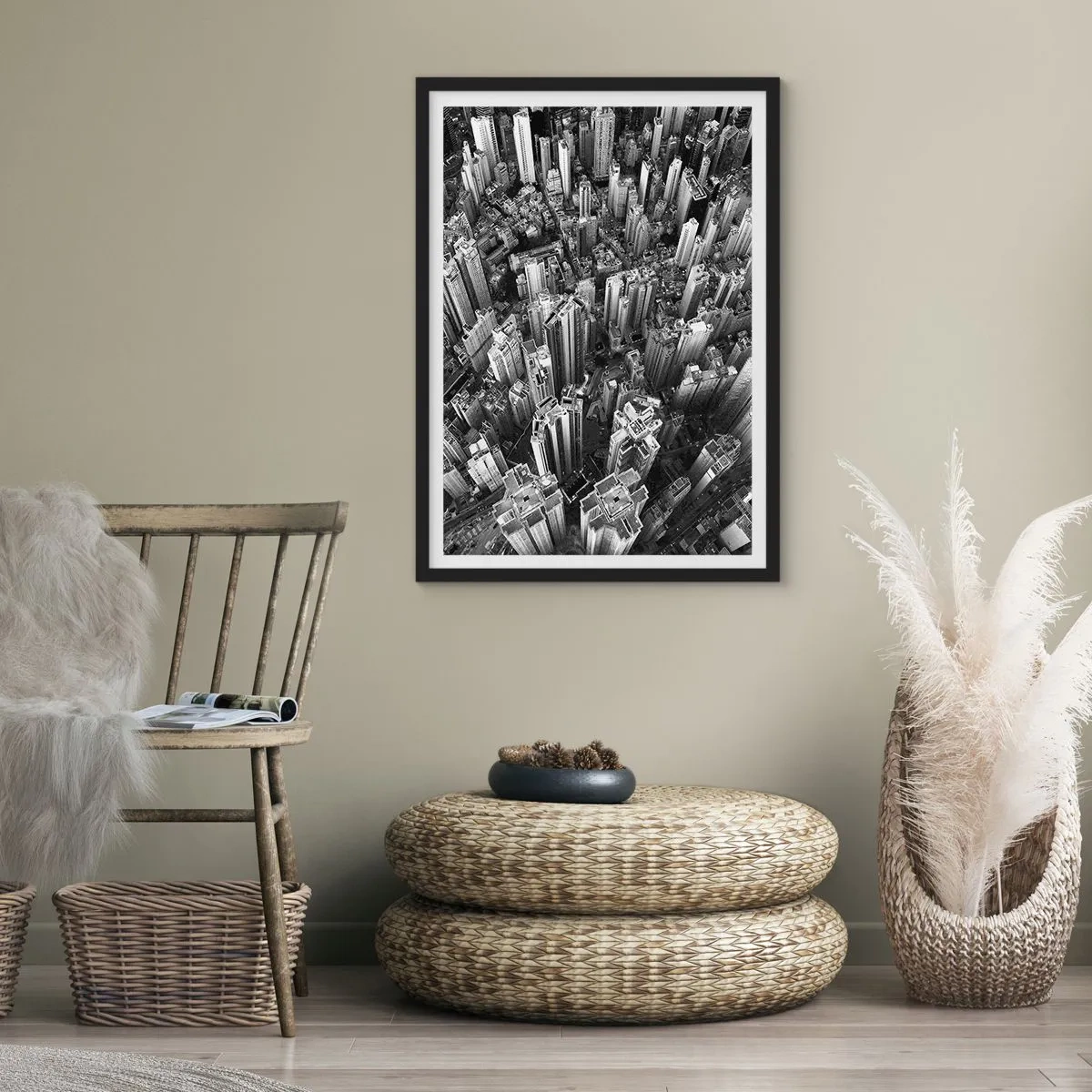 Poster in een zwarte lijst - Luchtfoto van wolkenkrabbers in zwart-wit - 50x70cm - Nog steeds hoger en hoger - Moderne wanddecoratie voor woonkamer en slaapkamer ARTTOR