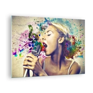 Schilderen op glas - Een kleurrijke compositie van een vrouw die in een microfoon zingt. - 70x50cm - Schilder de wereld met je stem - Moderne wanddecoratie voor woonkamer en slaapkamer ARTTOR