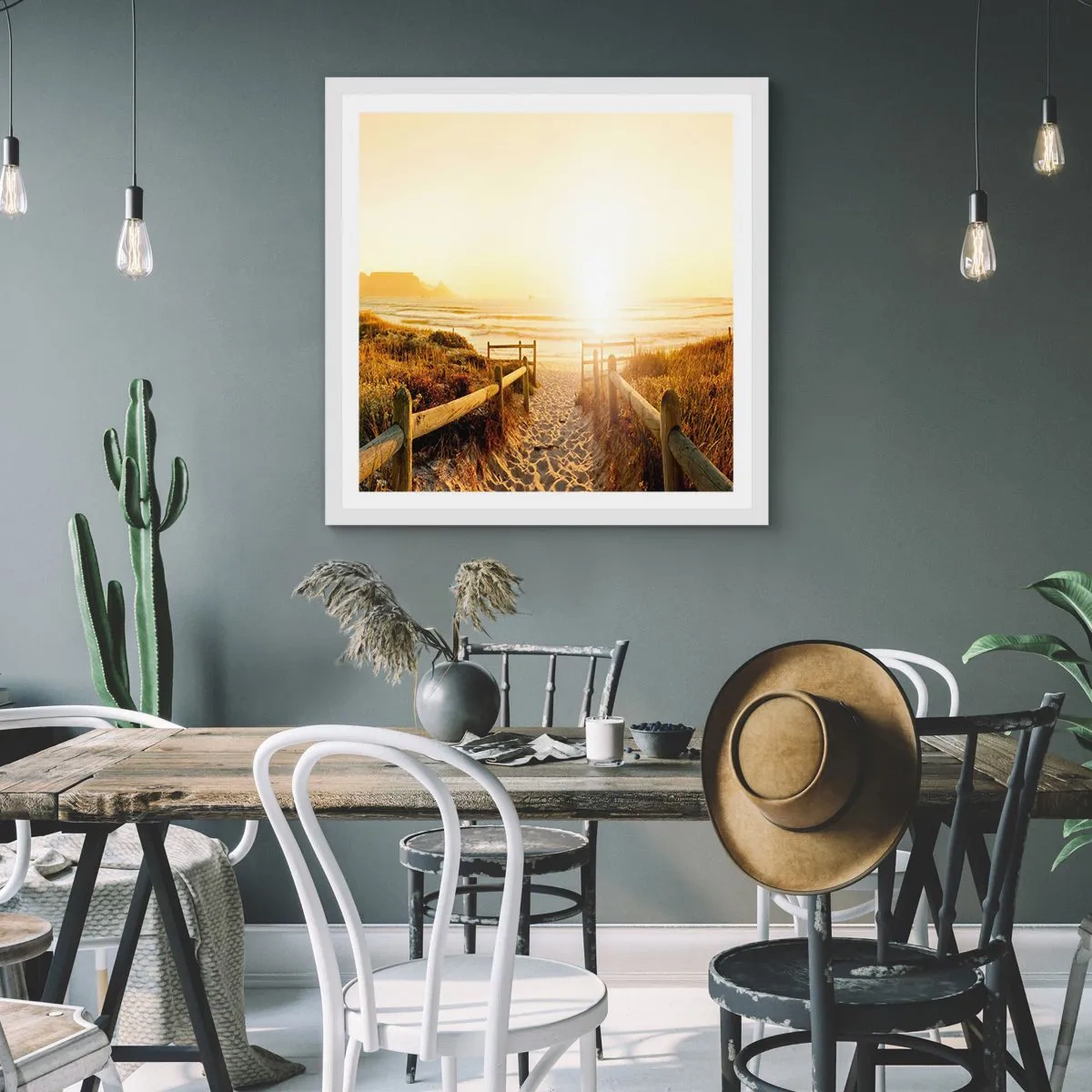 Poster in een witte lijst - Over het duin, richting de zon - 40x40 cm