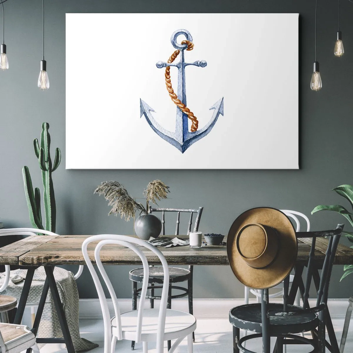 Schilderen op canvas - Anker met touw in aquarelstijl - 70x50cm - Ahoi avontuur! - Moderne wanddecoratie voor woonkamer en slaapkamer ARTTOR