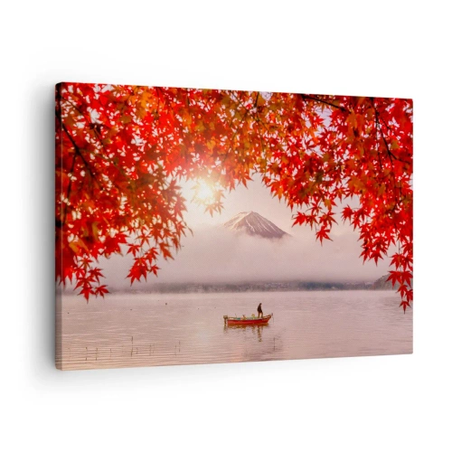 Schilderen op canvas - Een boot op een meer omringd door rode esdoornbladeren - 70x50cm - In het Japanse klimaat - Moderne wanddecoratie voor woonkamer en slaapkamer ARTTOR