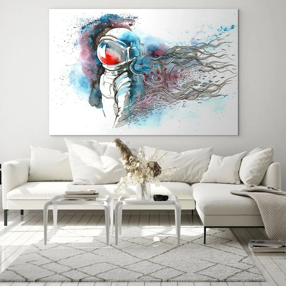 Schilderen op glas - Astronaut in een dynamische aquarelruimte - 70x50cm - Alleen met de kosmos - Moderne wanddecoratie voor woonkamer en slaapkamer ARTTOR